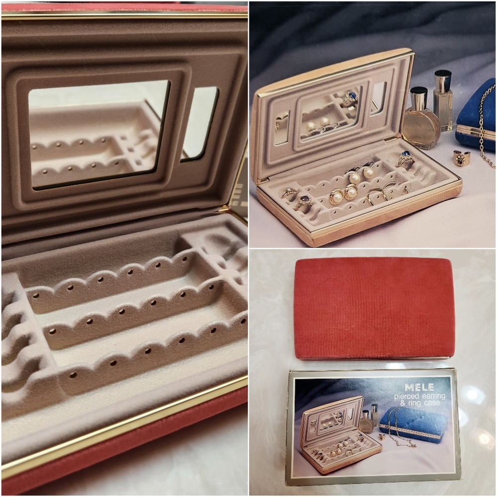 Vintage Mele Jewelry Box Case Velvet Gold Trim Pink/Salmon